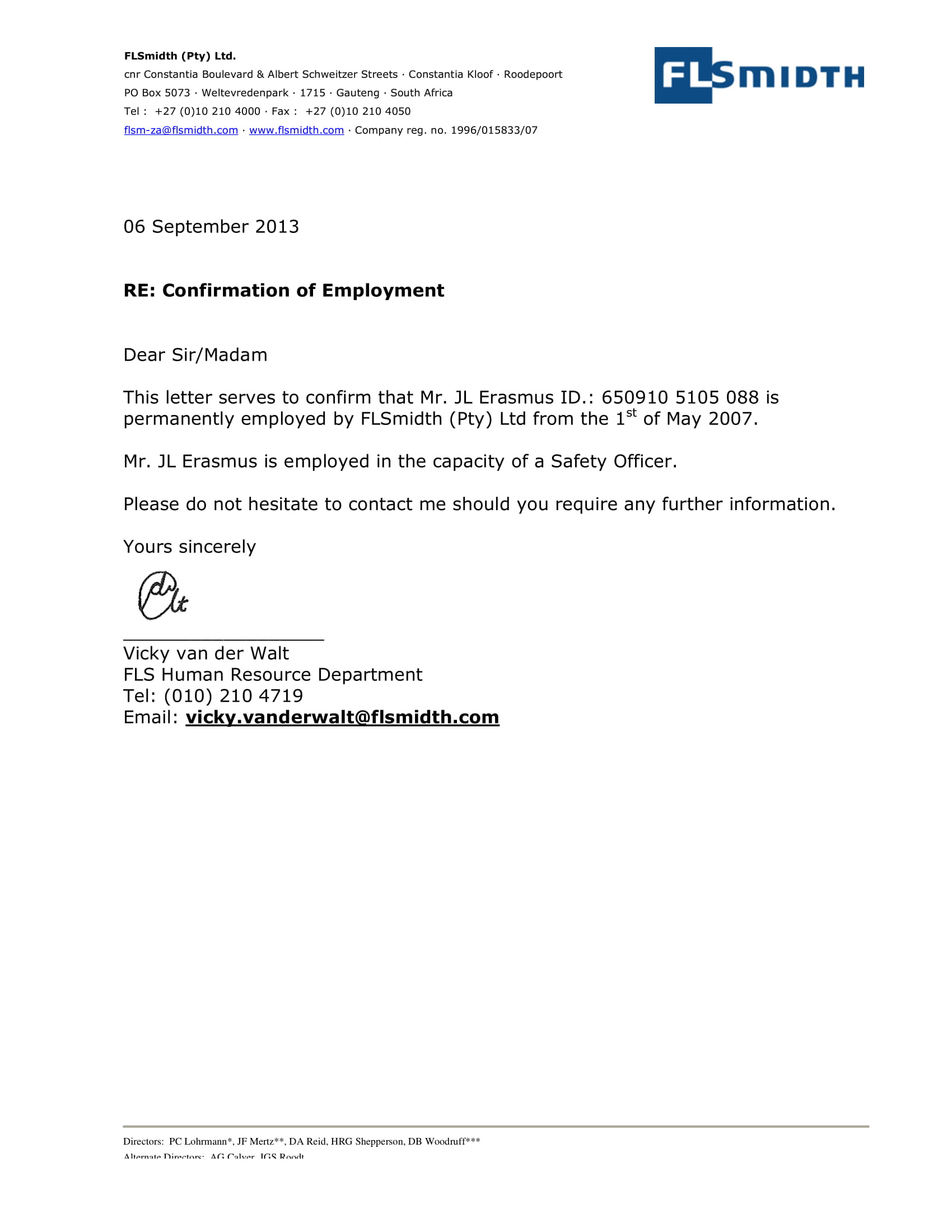 Confirmation of Employment Letter Example