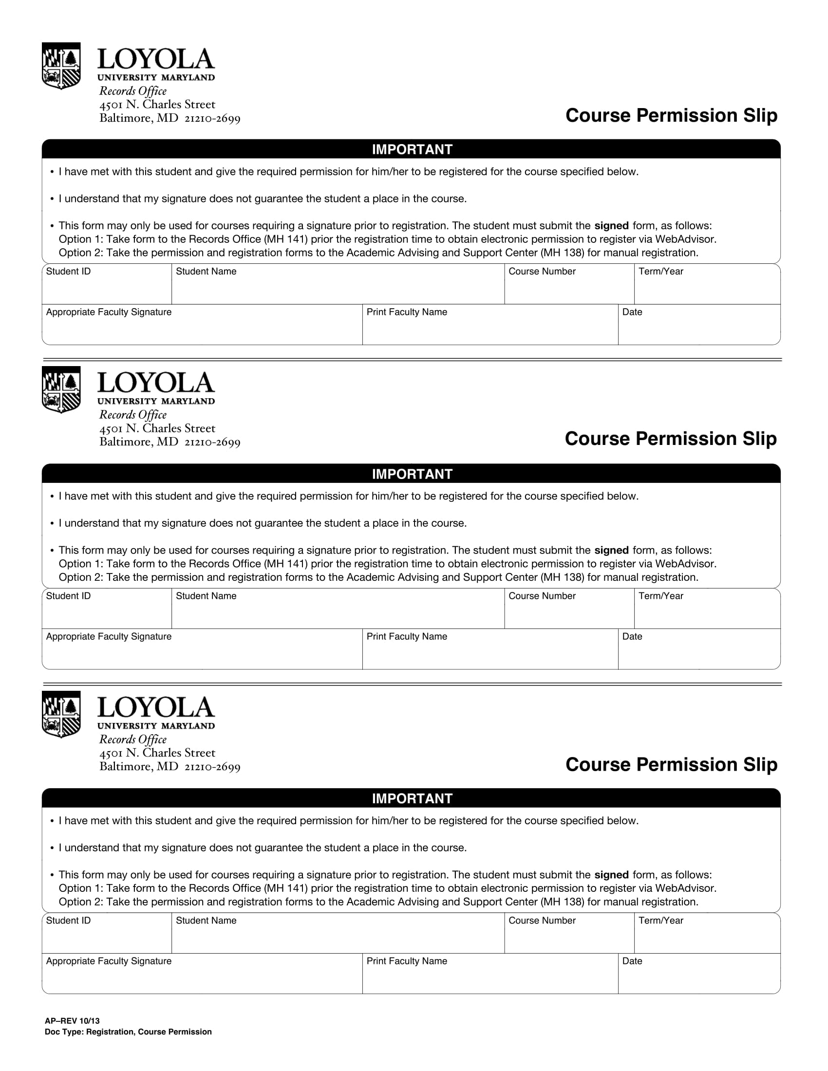 Course Permission Slip Example