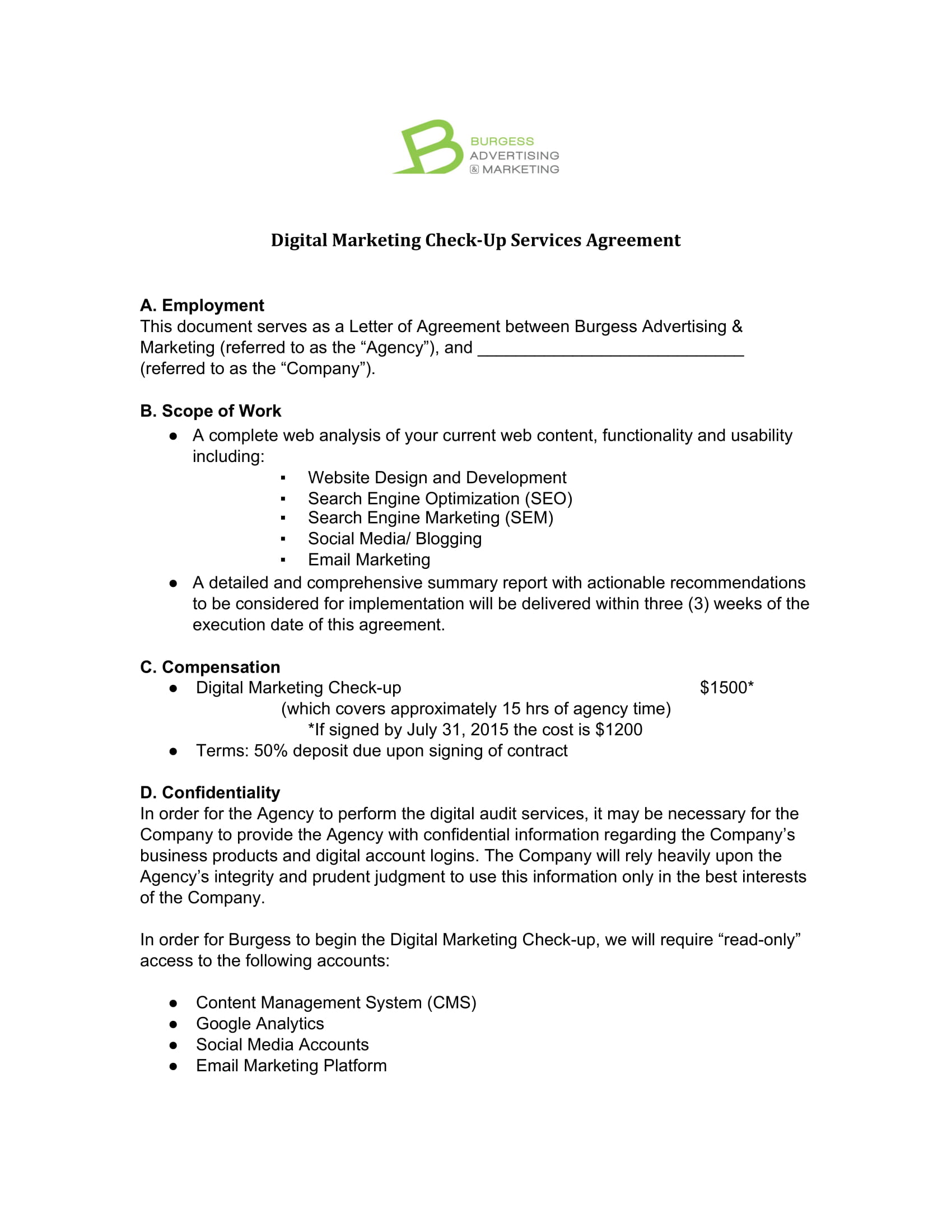 Digital Marketing Check-Up Services Agreement Example