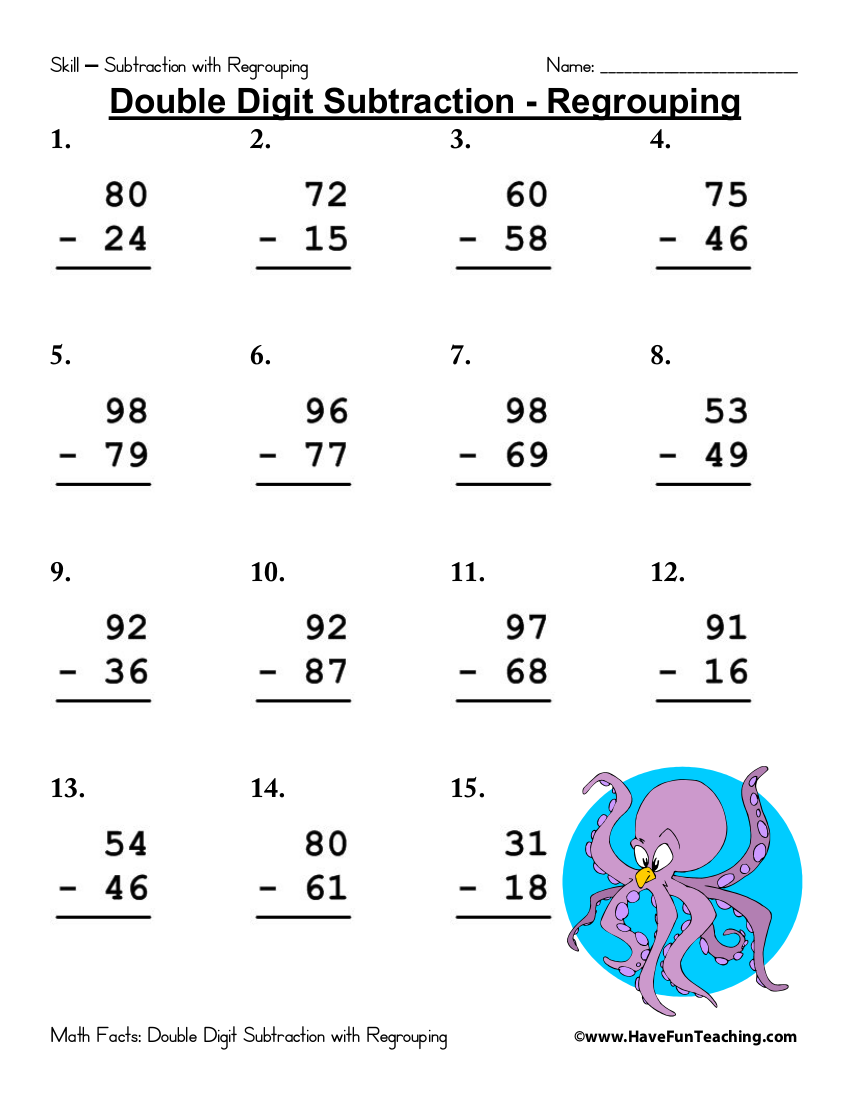 double digit subtraction regrouping worksheet example