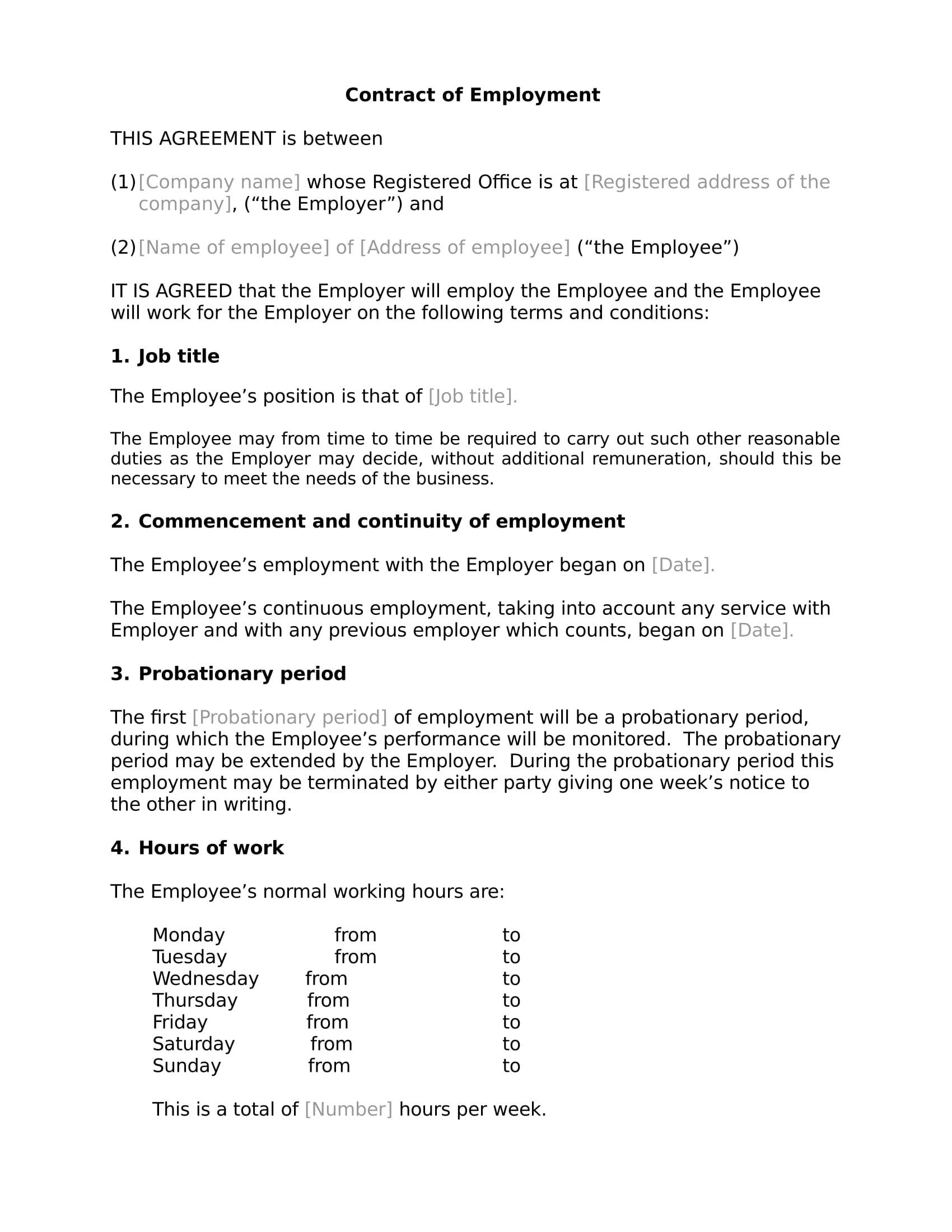 draft of contract of employment example