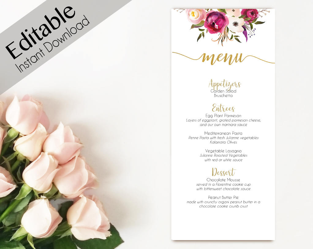 editable menu bridal shower