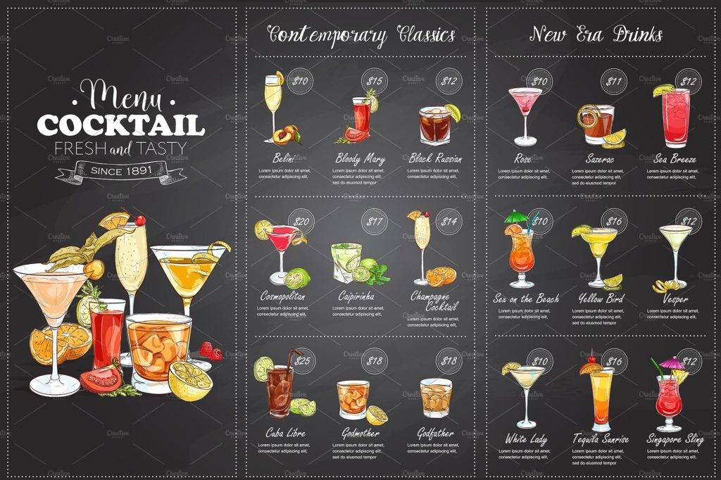 Cocktails Soft Drinks And Glasses For Bar Restaurant Cafe Menu Hand ...