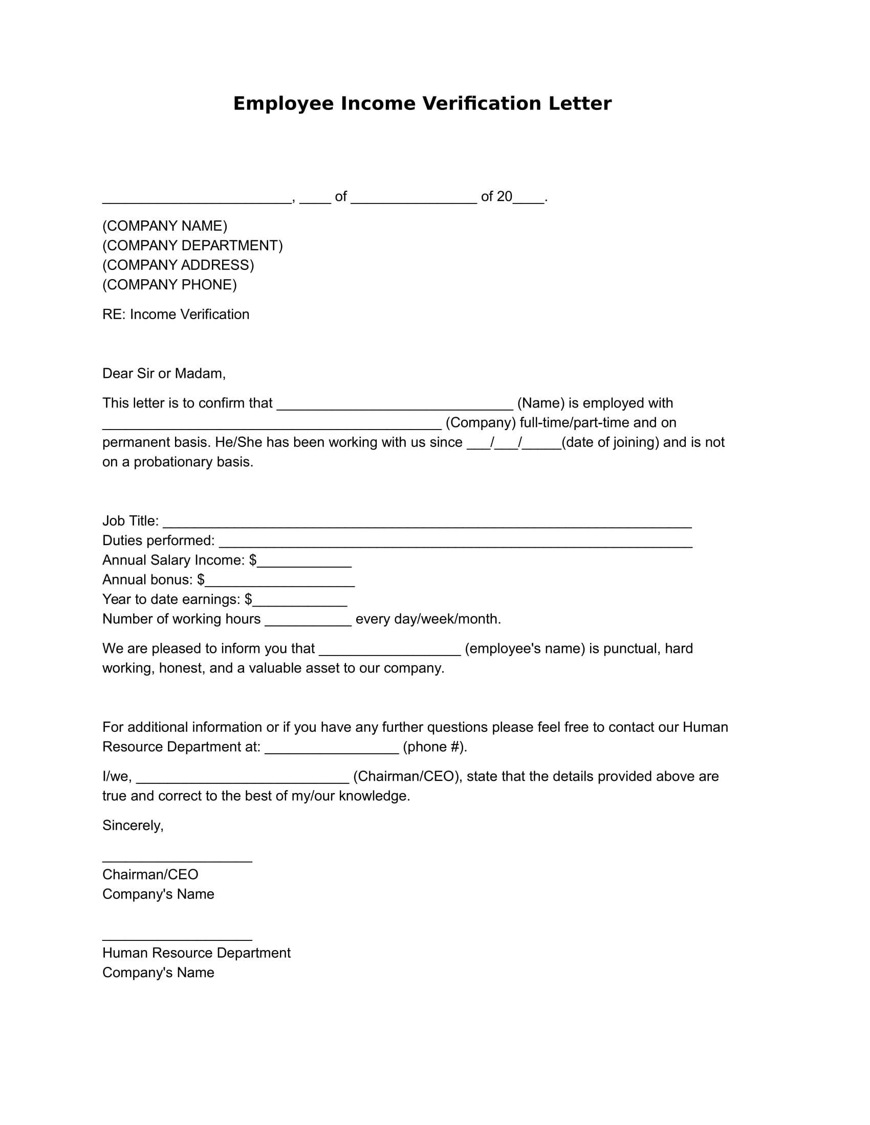 Employee Income Verification Letter Example