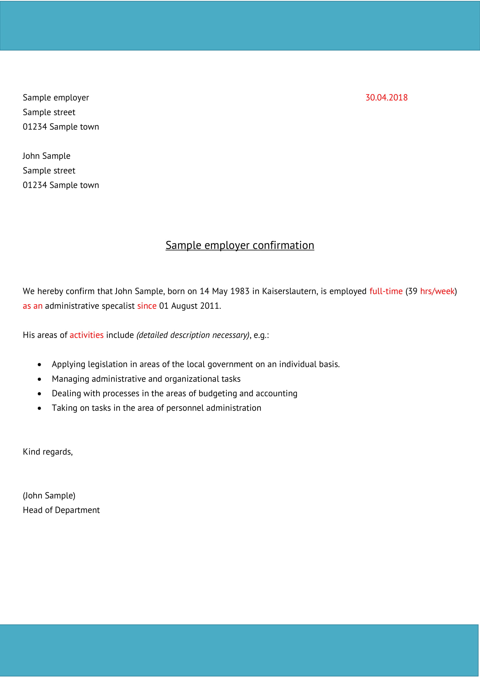 employer confirmation and verification letter example