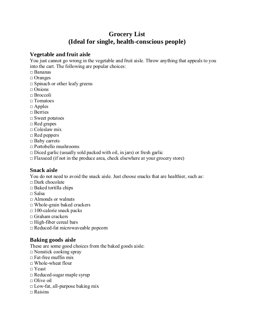 Example Grocery List for Single Health Conscious People
