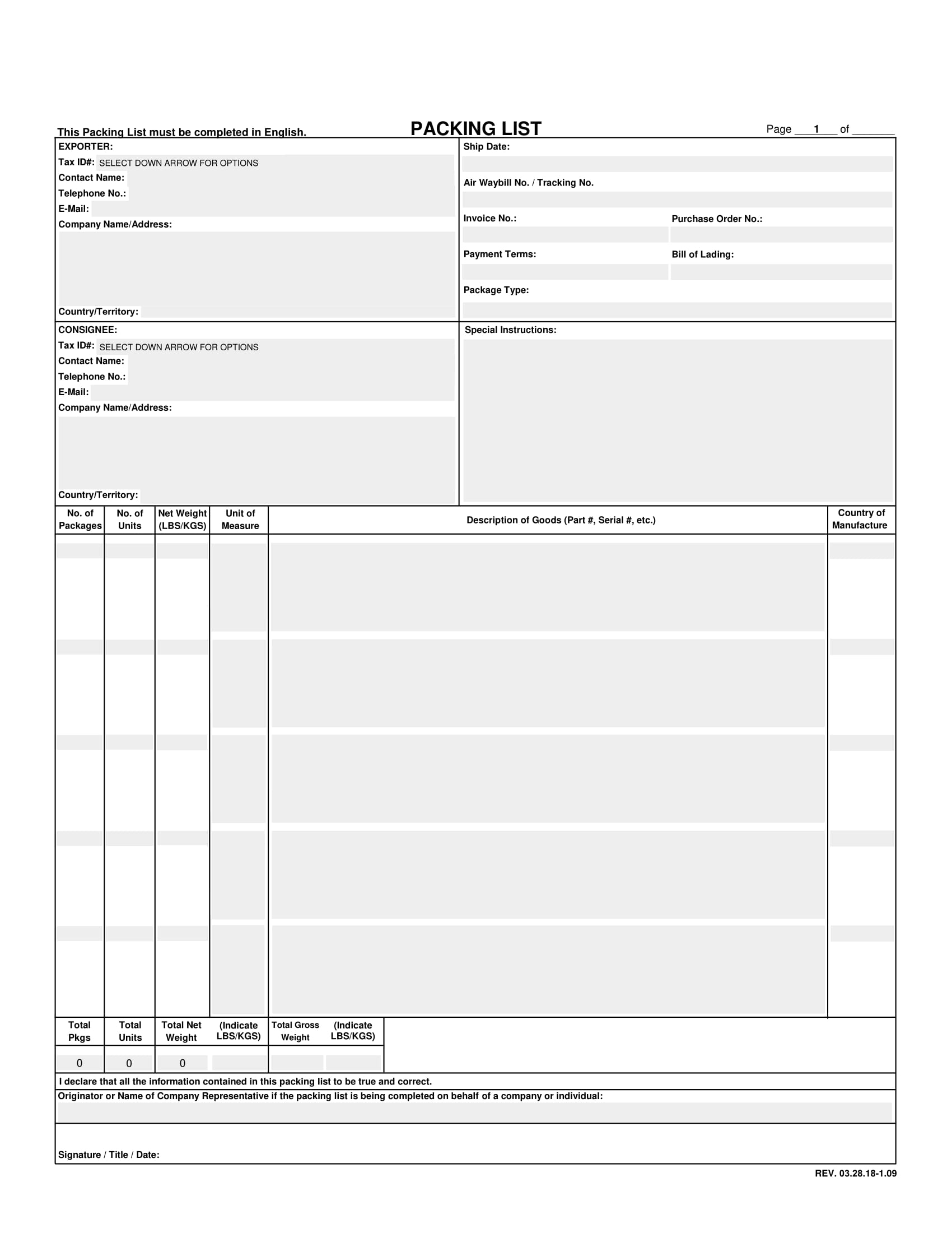 Export Packing List Example