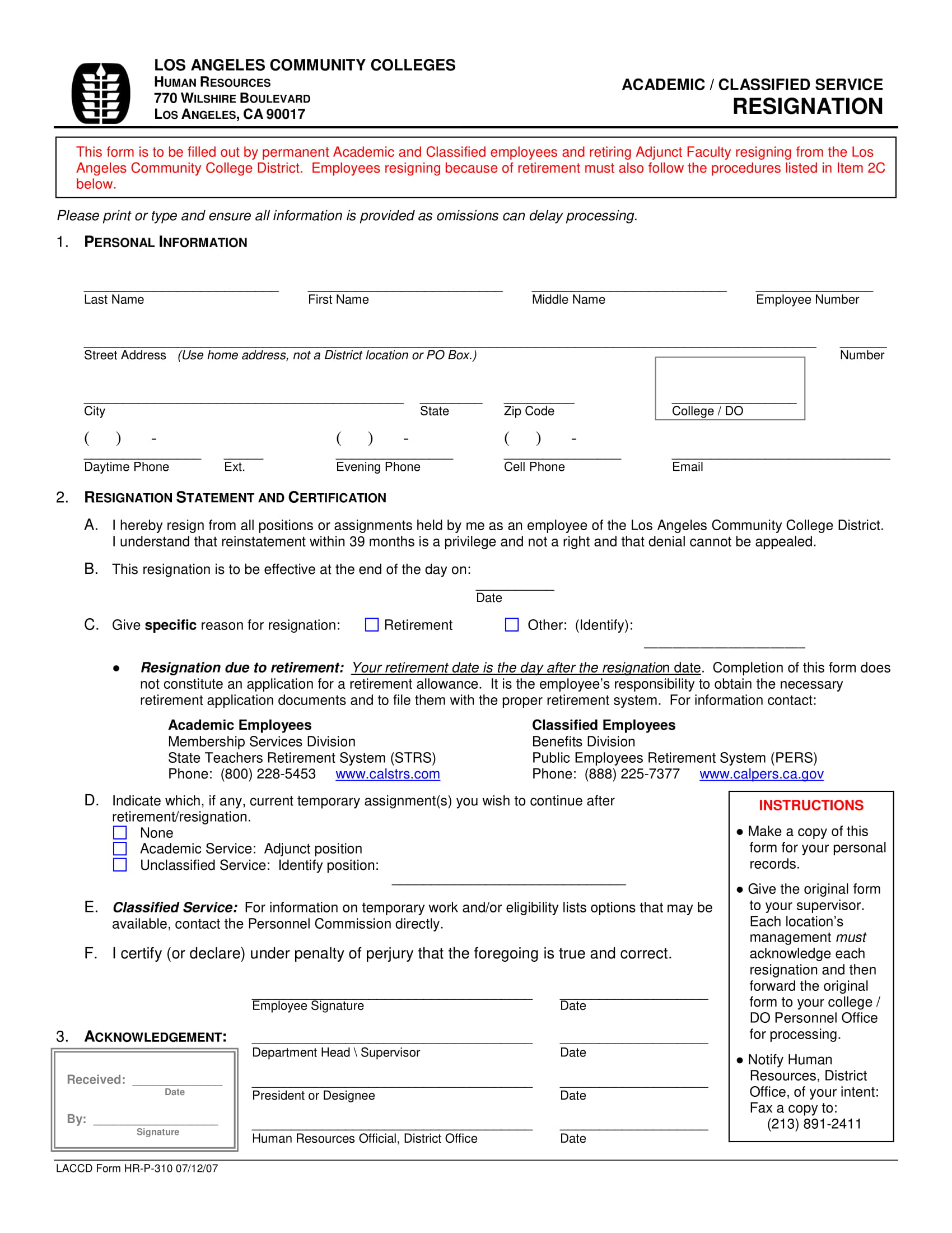 faculty resignation form example