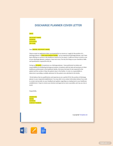 free discharge planner cover letter template