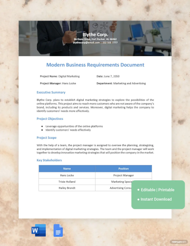free modern business requirements document template
