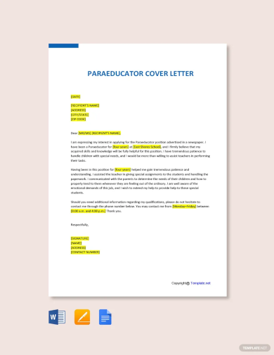 free paraeducator cover letter template