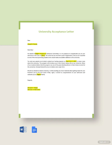 free university acceptance letter template
