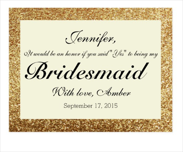 gold glitter will you be my bridesmaid postcard
