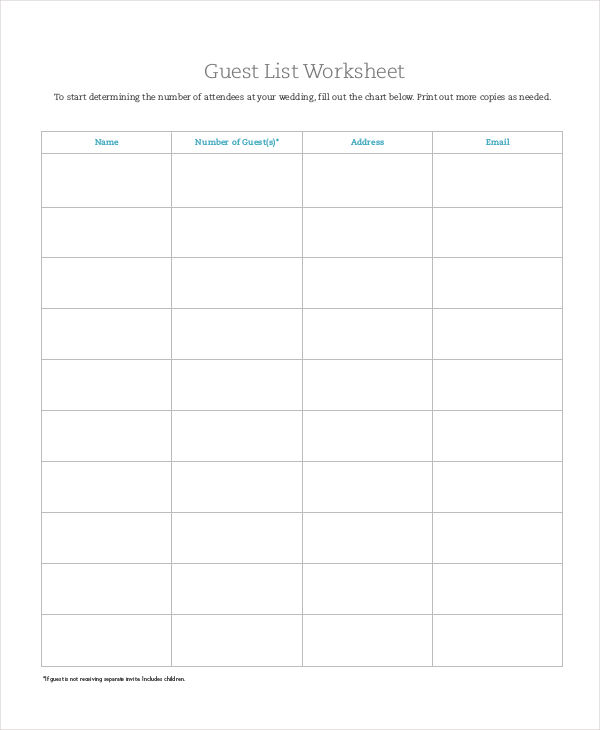 Guest List Worksheet