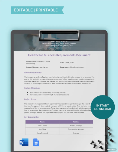 healthcare business requirements document template