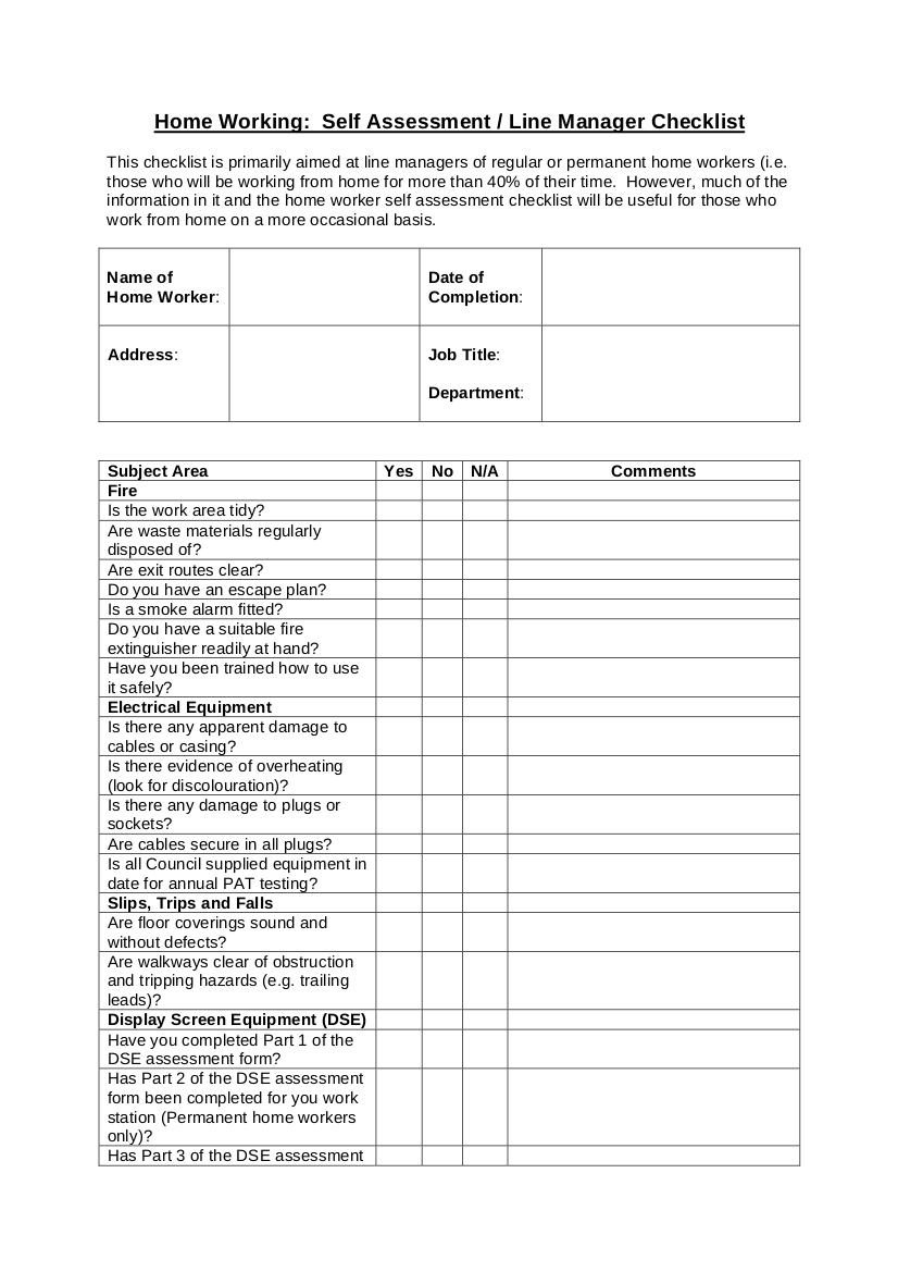 home working self assessment checklist example