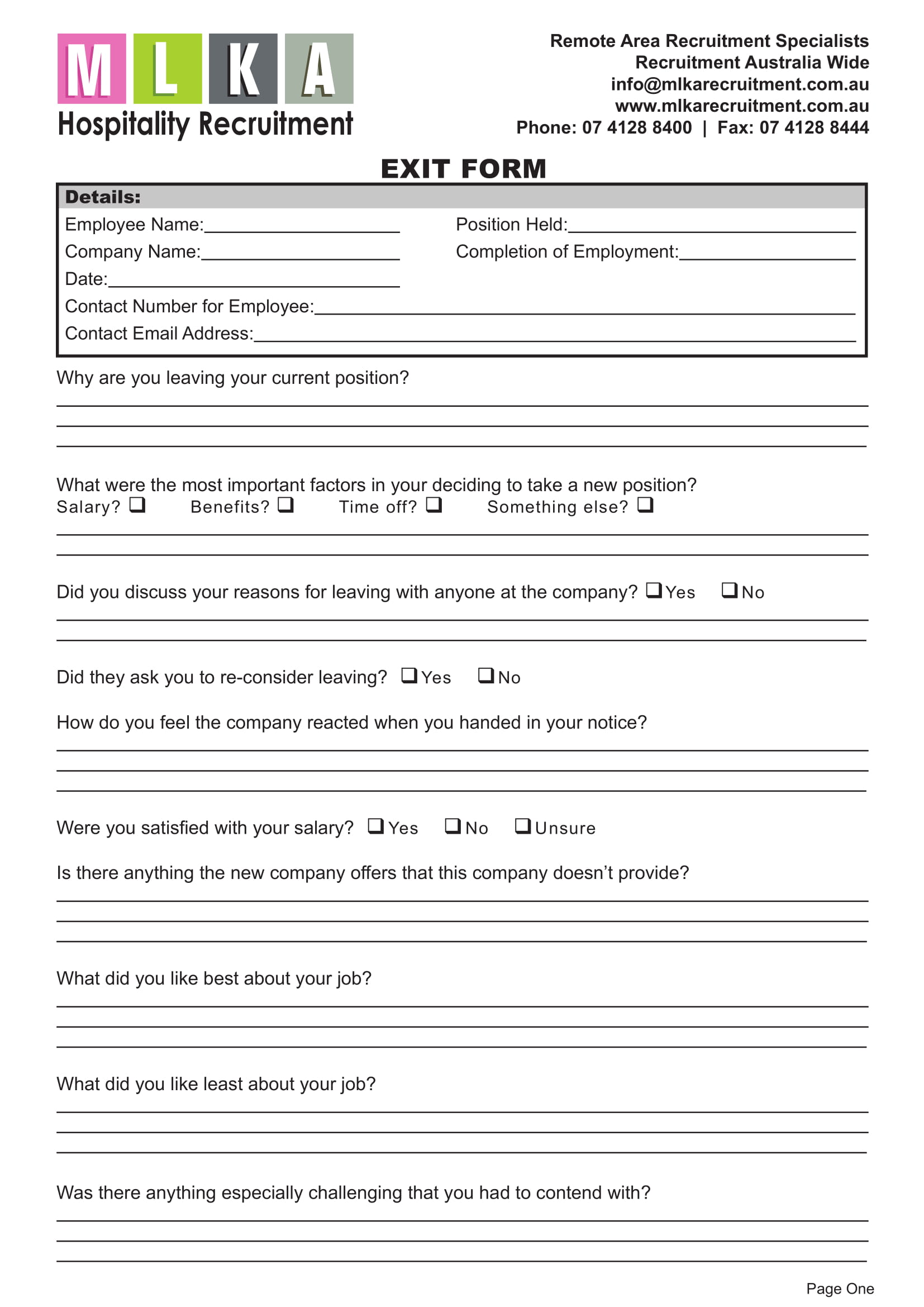 hospitality employee exit form example