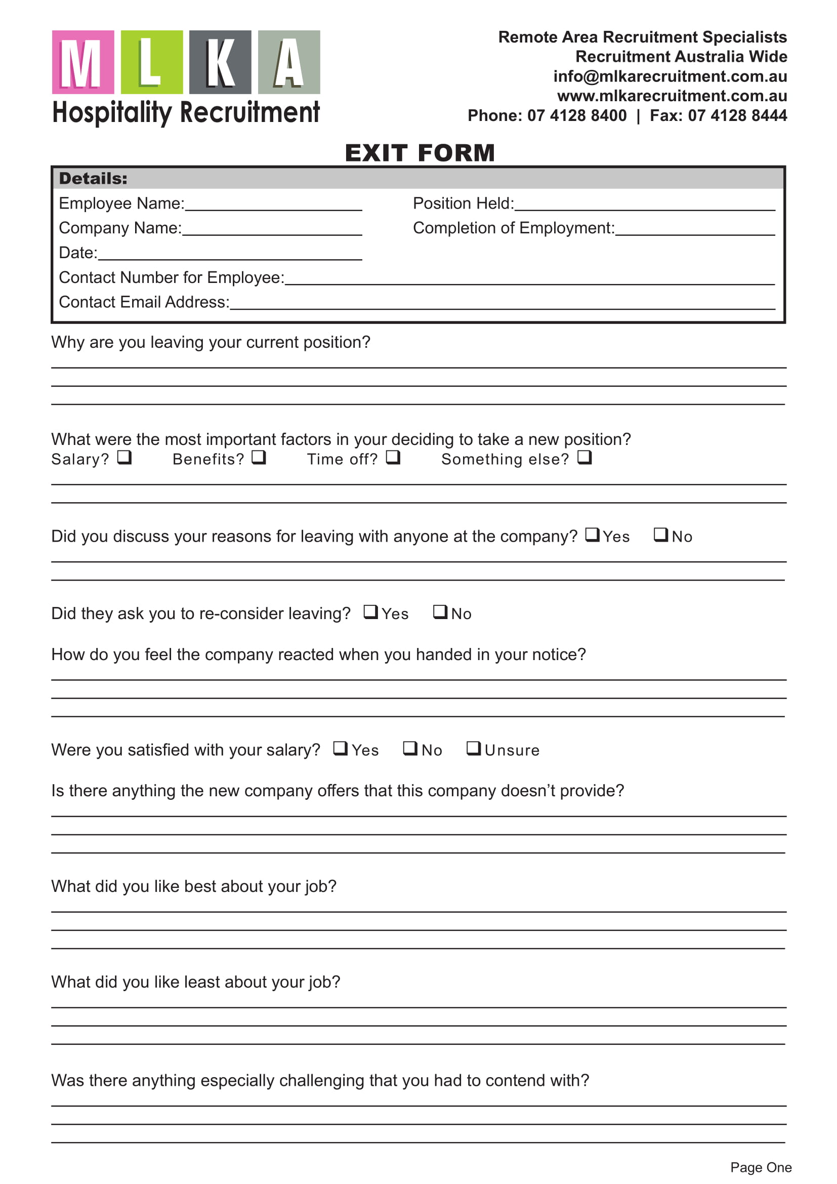 Hospitality Employee Exit Form Example