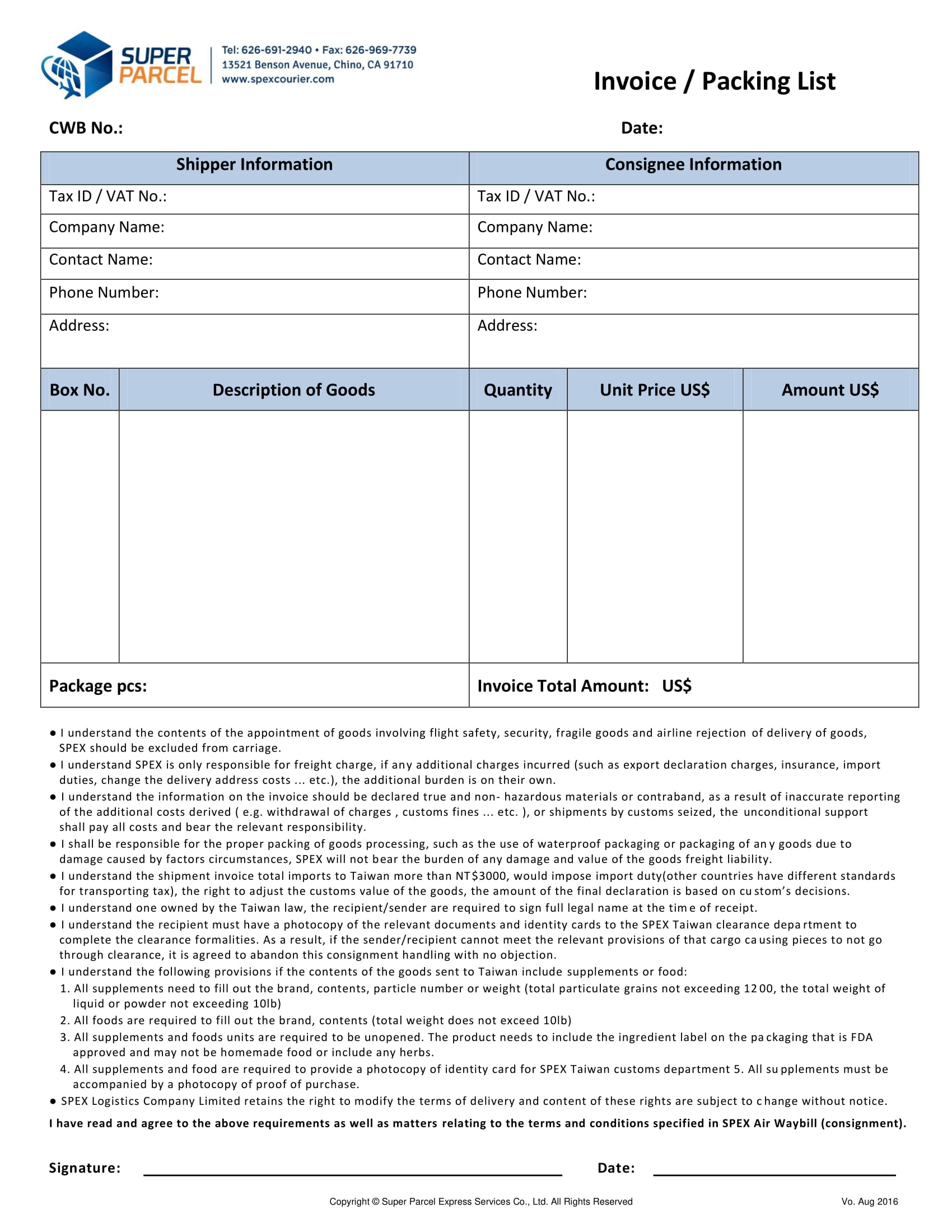 Invoice or Packing List Example