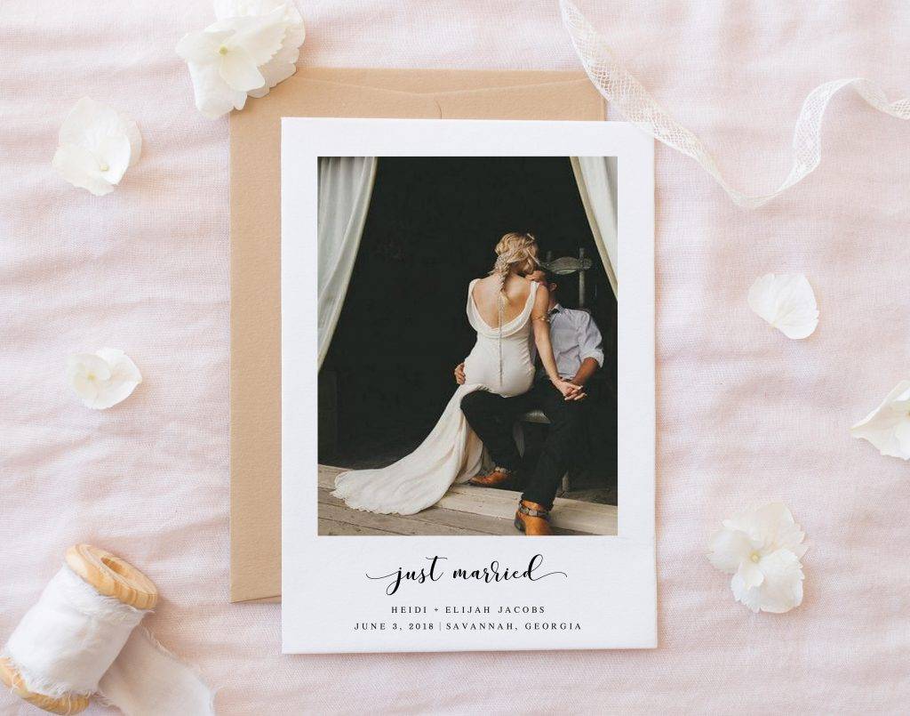 just married announcement photo card example