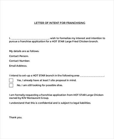 Letter of Intent Franchise Proposal