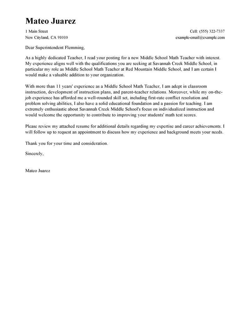 math teacher resume cover letter example