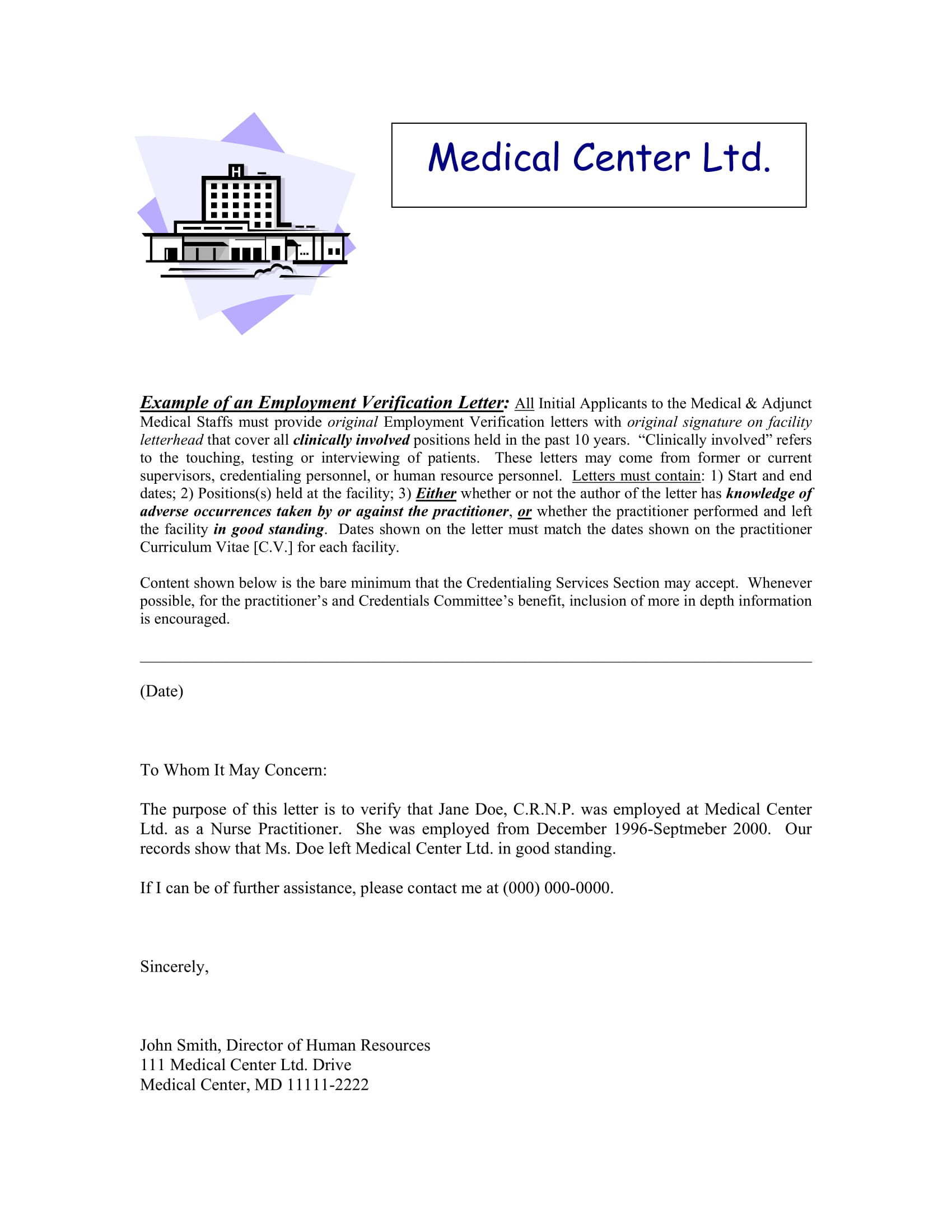 medical center employment verification letter example