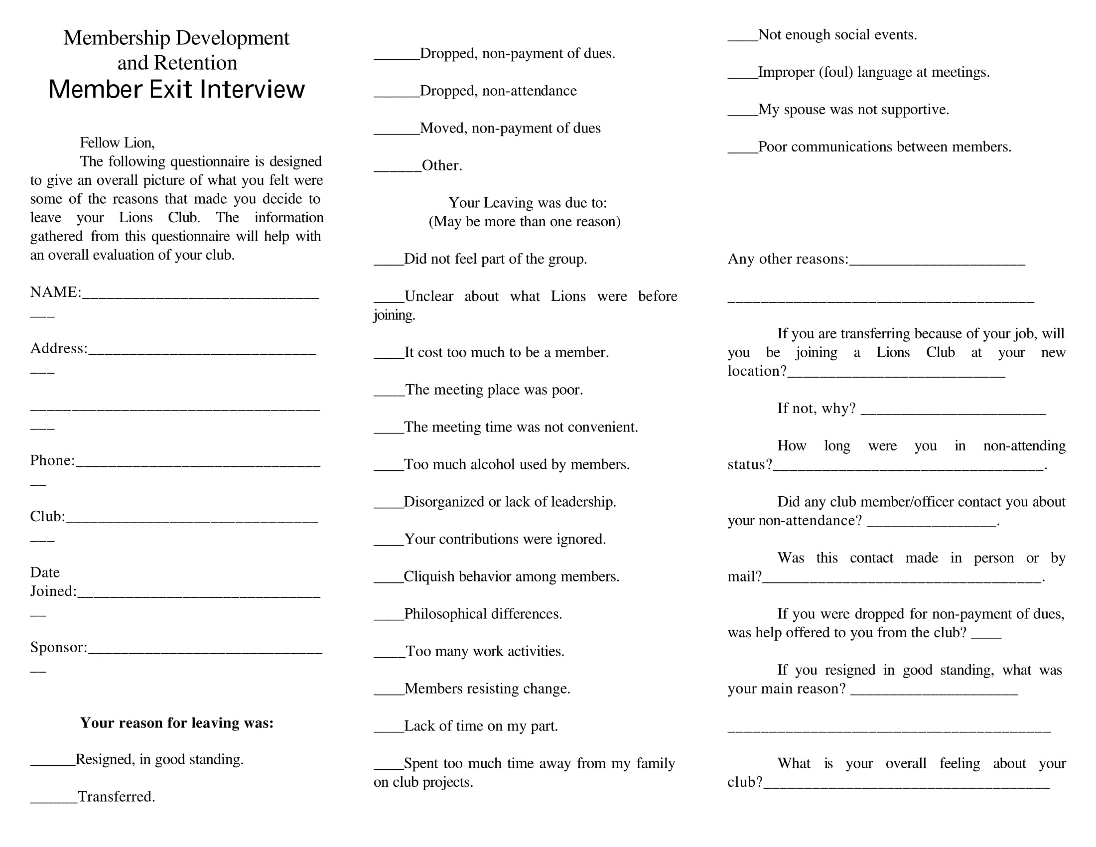 member exit interview form example
