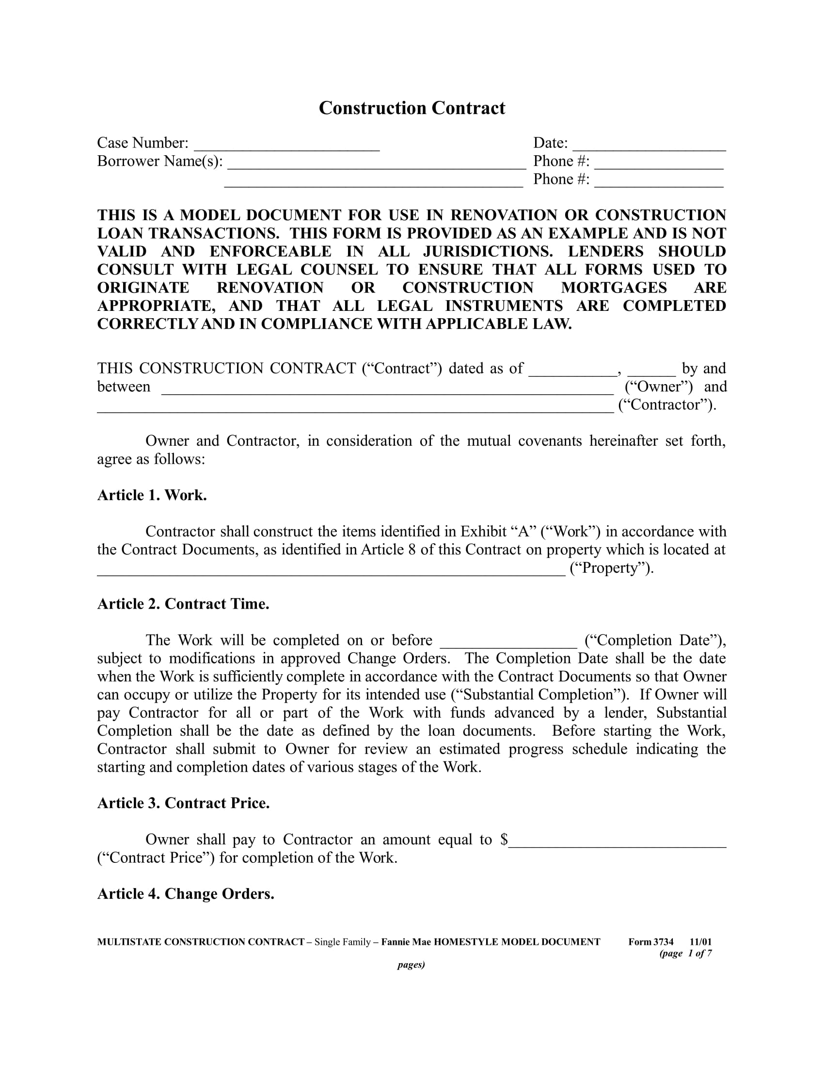 Multi-State Construction Contract Example