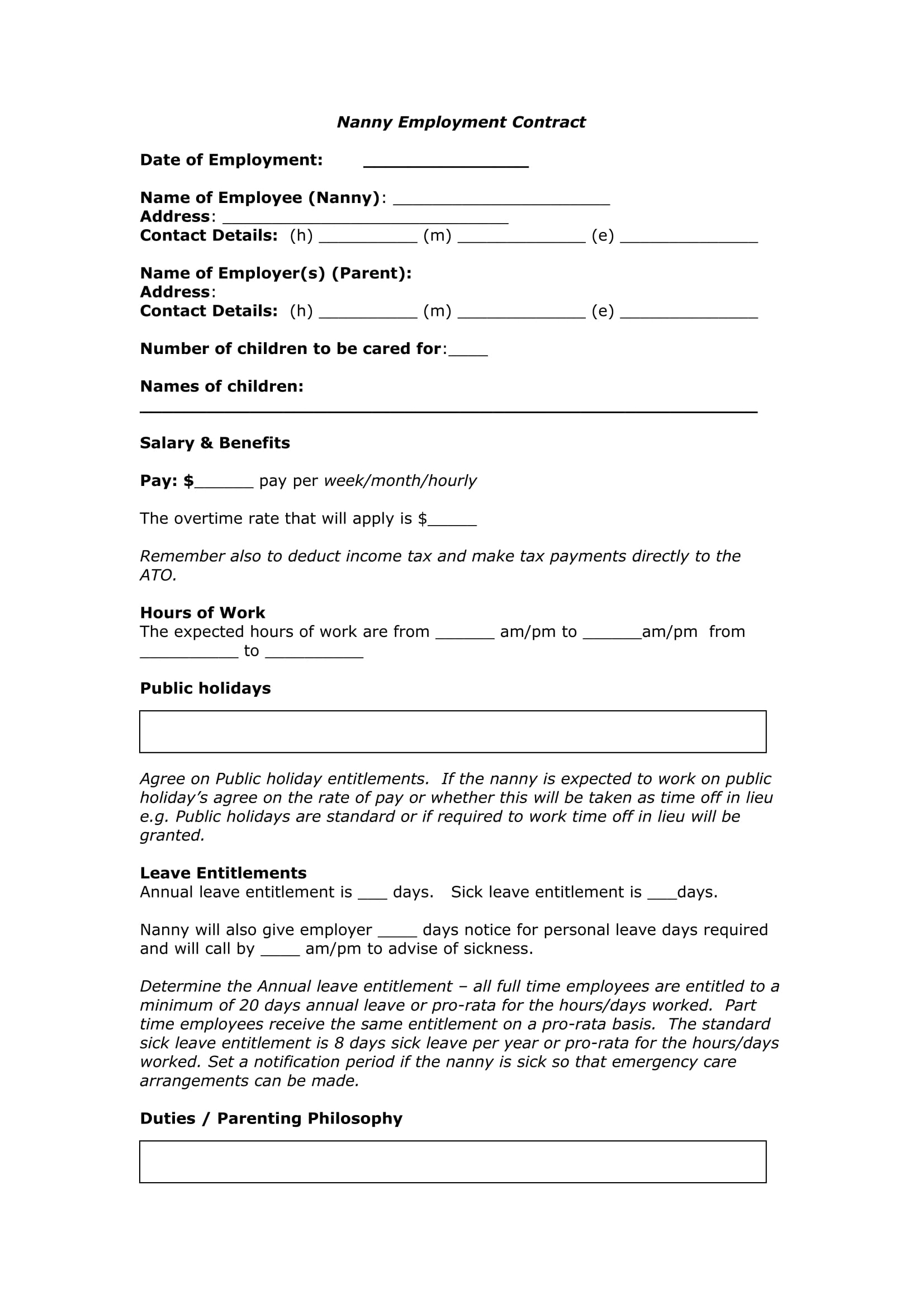 nanny employment contract example