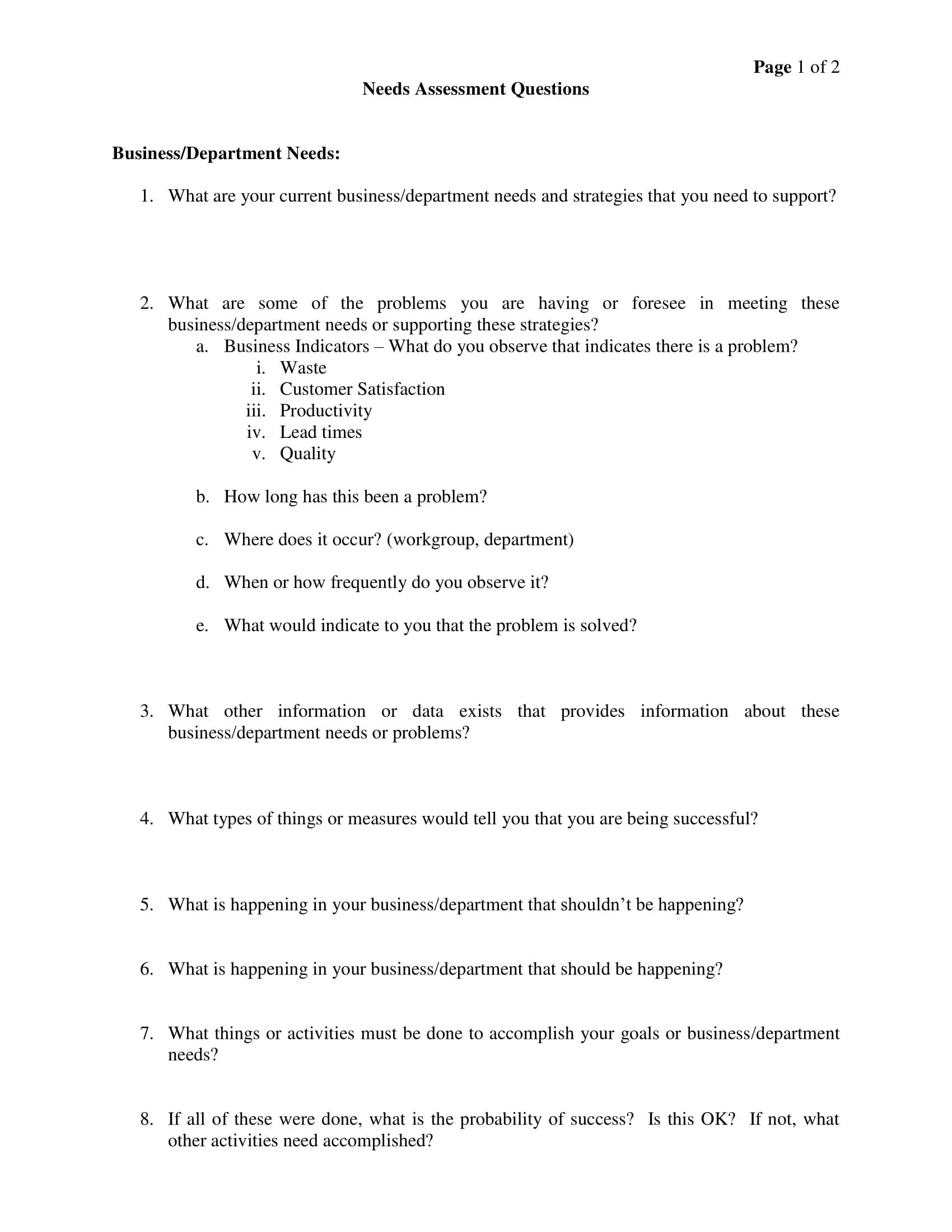 needs assessment questions example