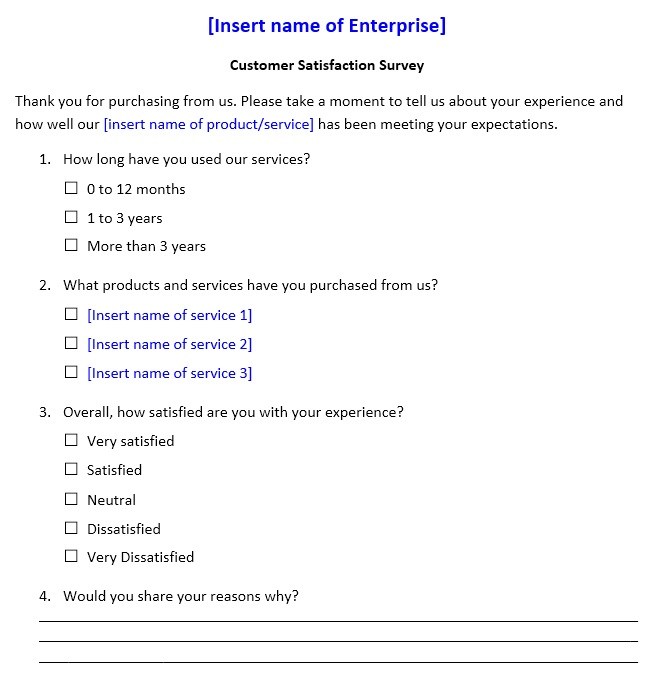 new customer survey questionnaire example