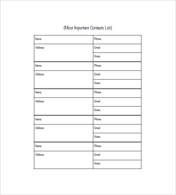 personal contact list template example