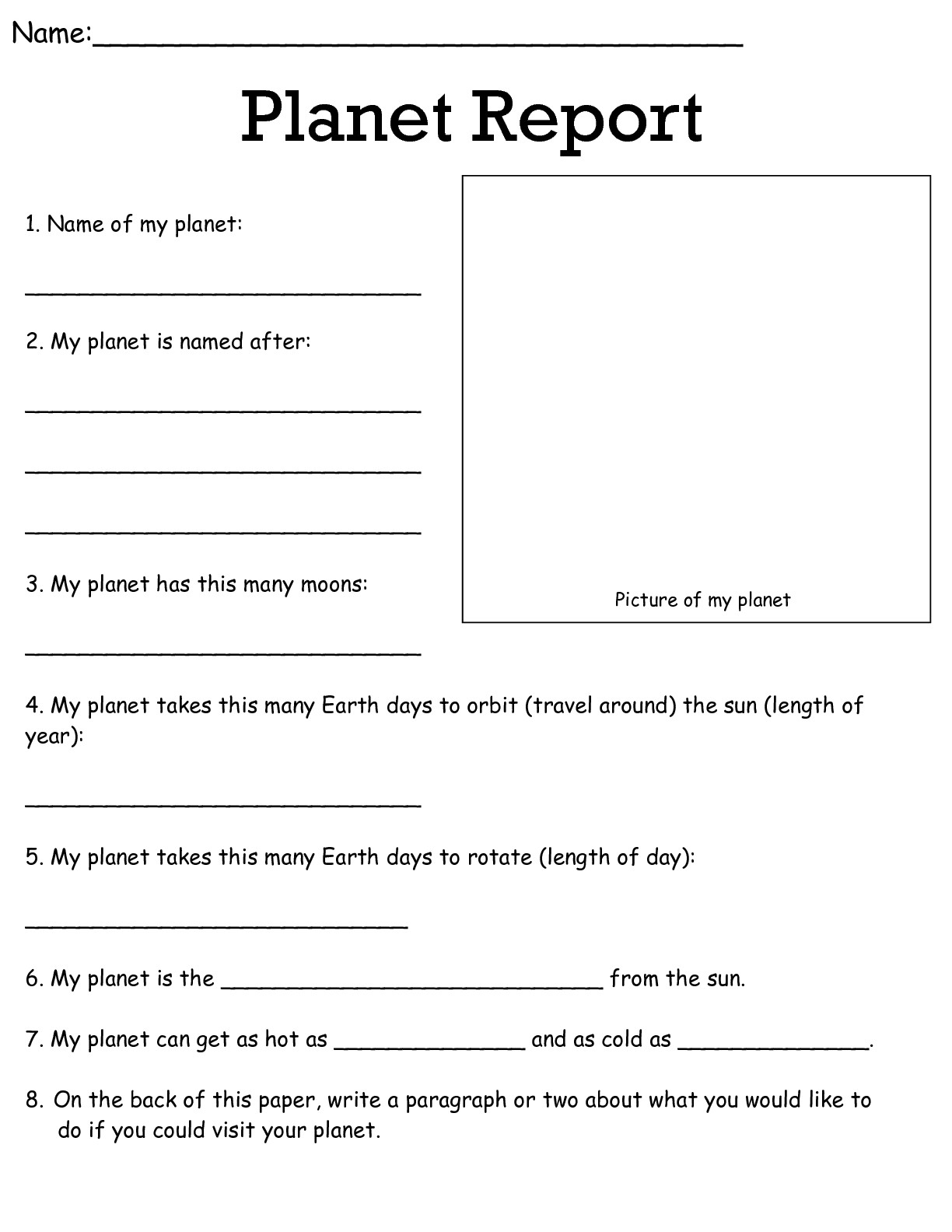 Planet Report Worksheet Example