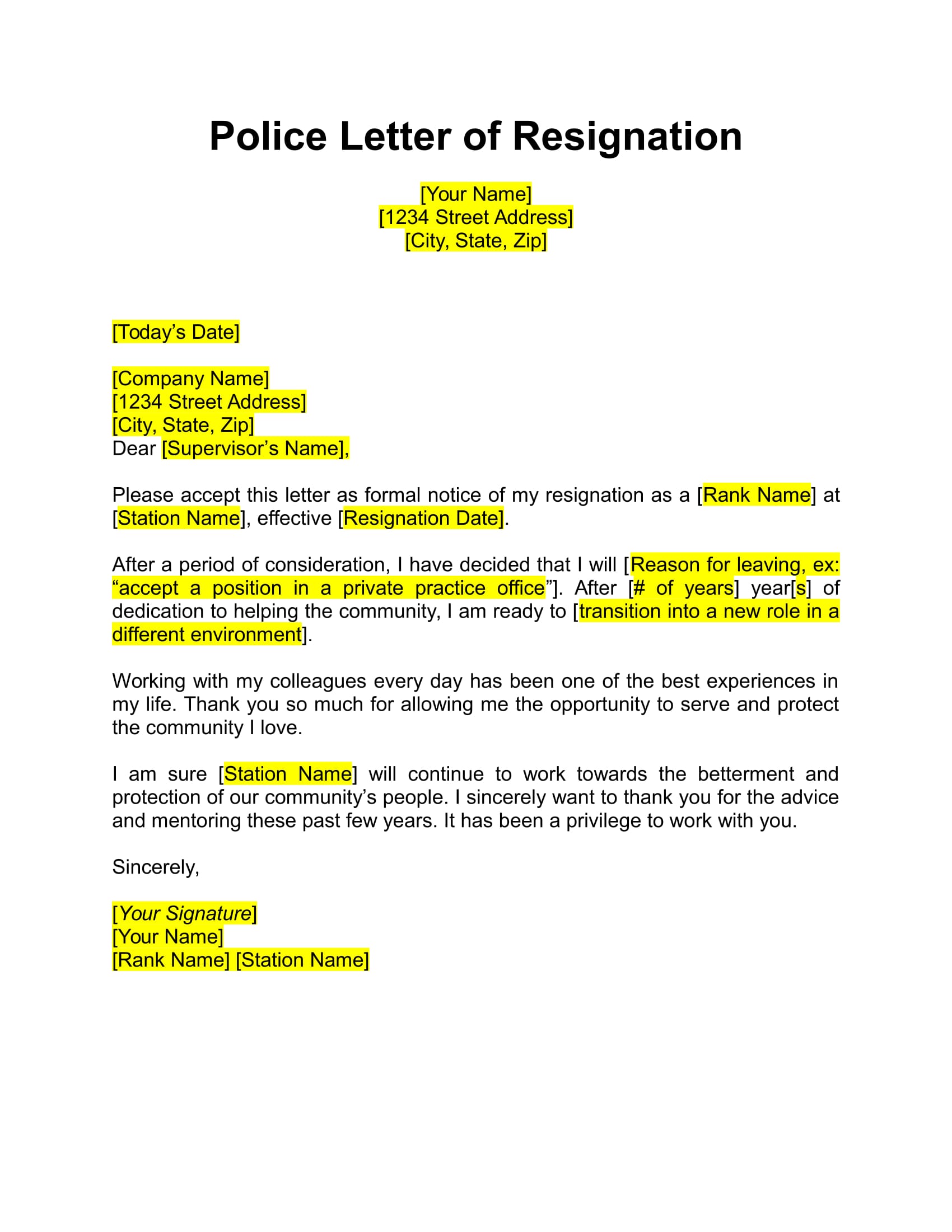 Police Resignation Letter Example