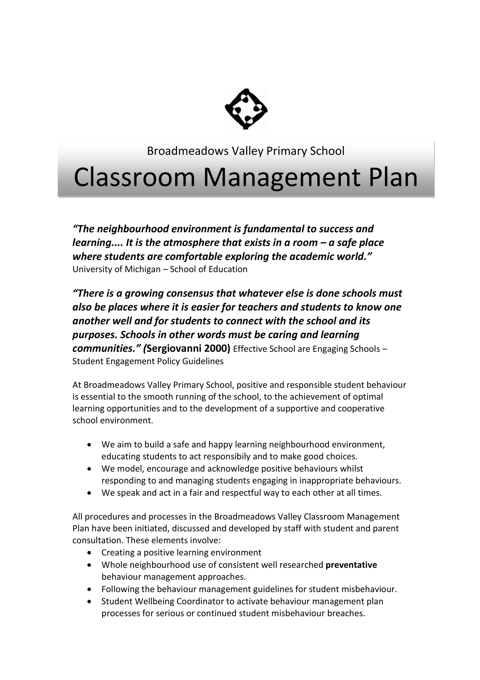 Primary School Classroom Management Plan Example