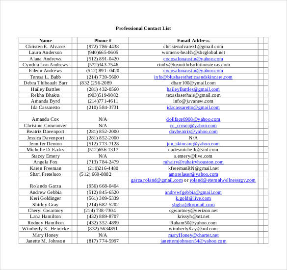 Professional Contact List Template Excel Pdf