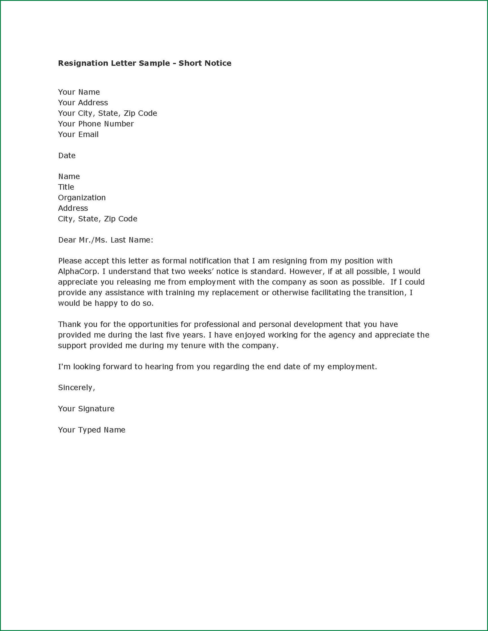 Professional Letter Of Resignation Sample Free from images.examples.com