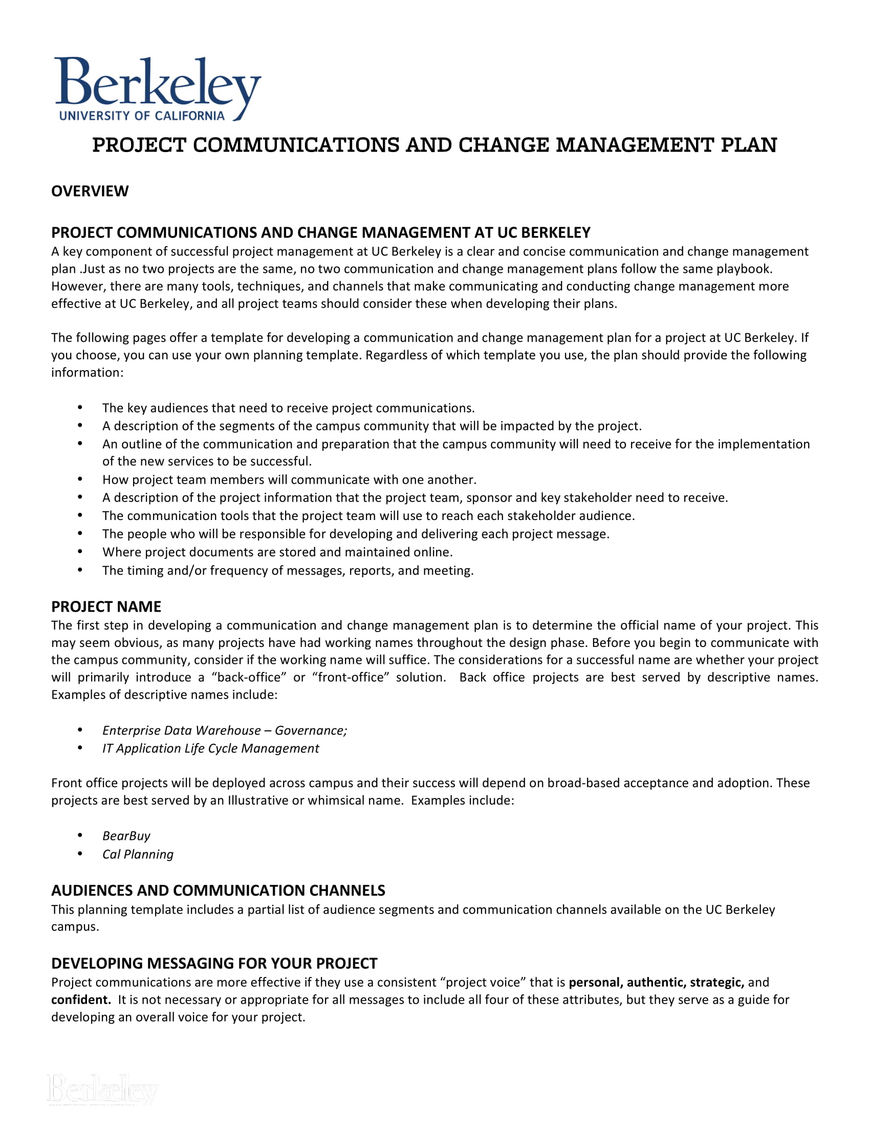 Project Communication and Change Management Plan Example