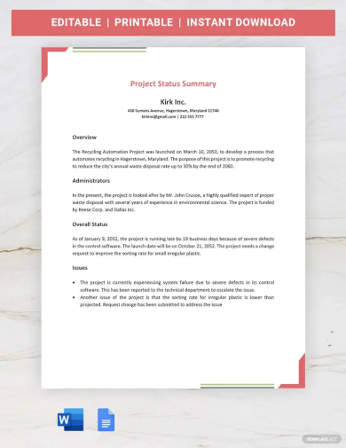 project status summary template