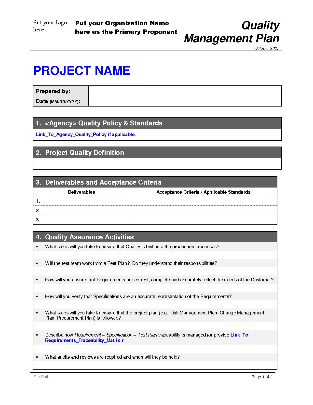 Quality Management Plan for DMP Example