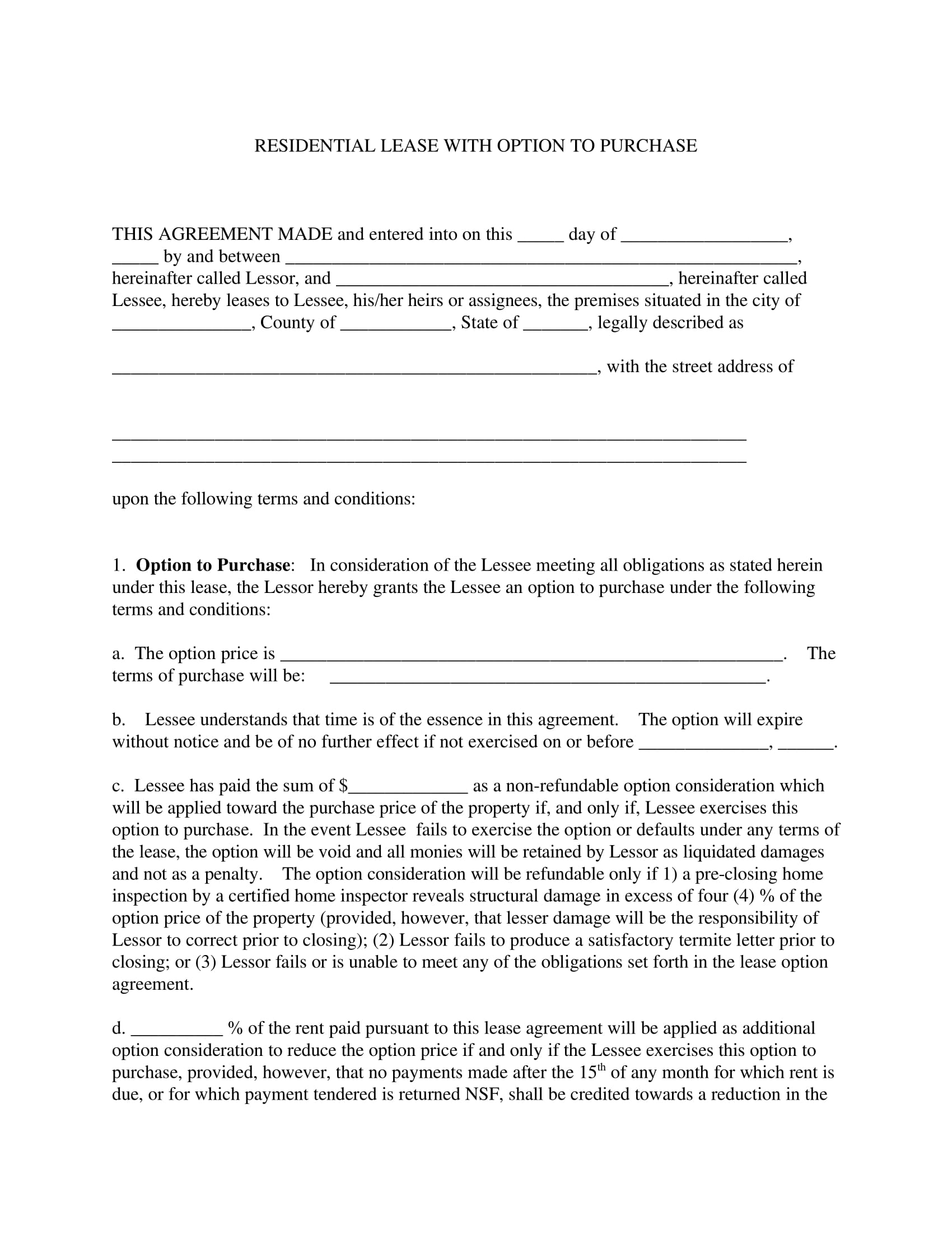 Free Printable Lease With Option To Buy Form Free Templates Printable