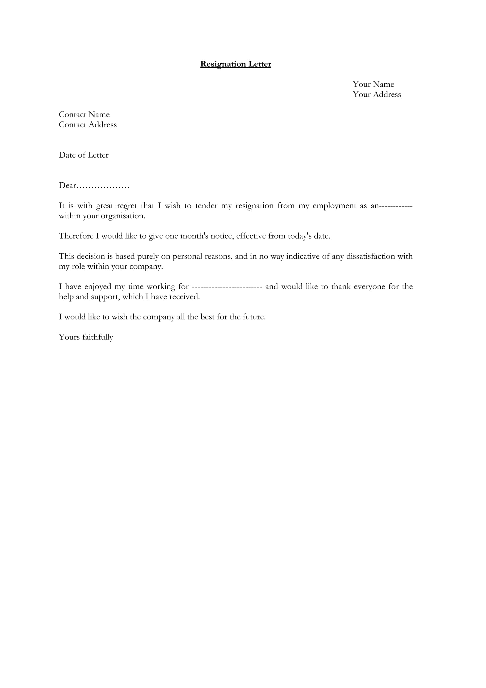 resignation letter format example 1