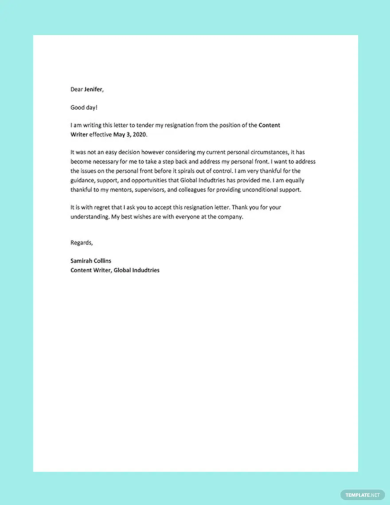 Resignation Letter Template for Personal Reason1