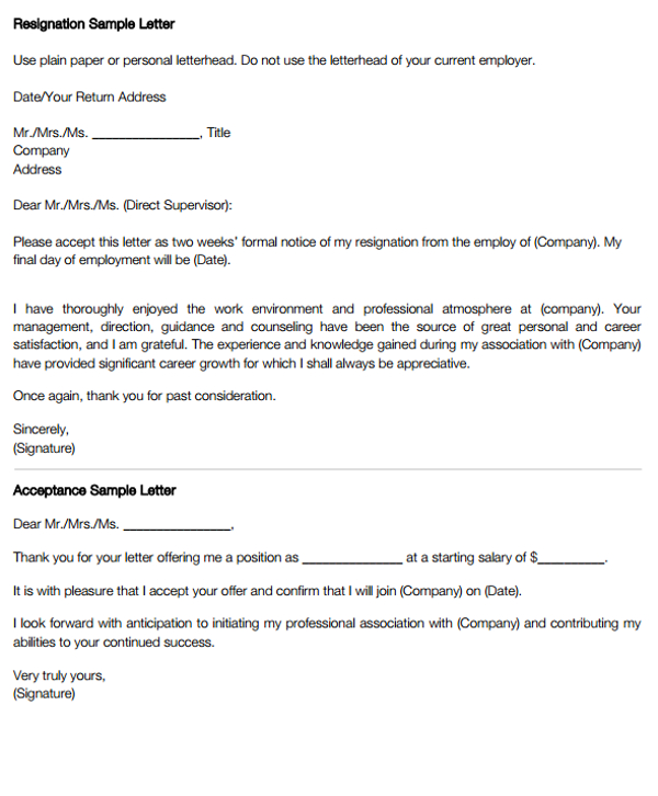Resignation and Acceptance letter