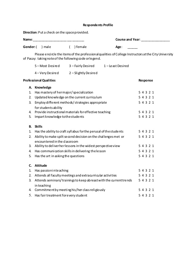 respondents profile questionnaire example