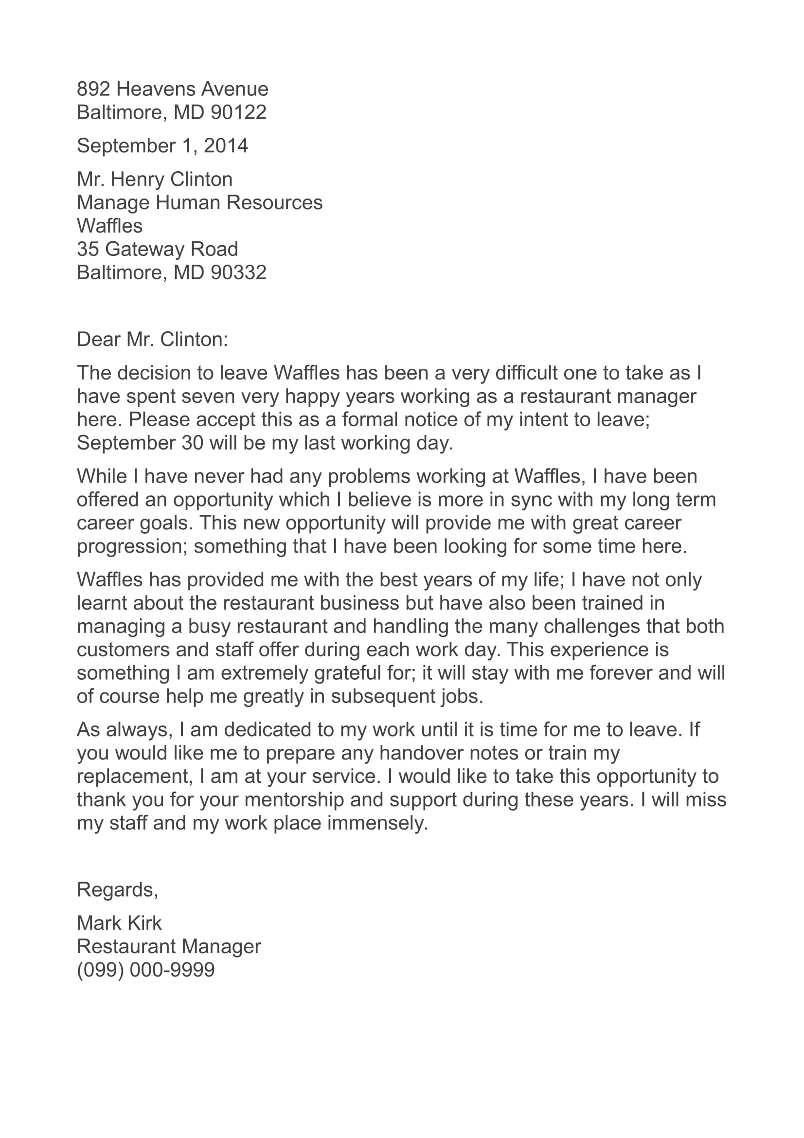 restaurant manager resignation letter example