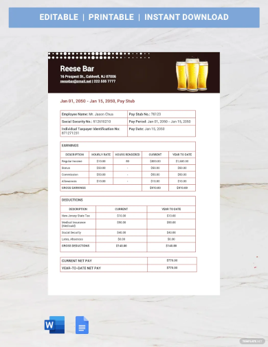 Restaurant Payslip Template