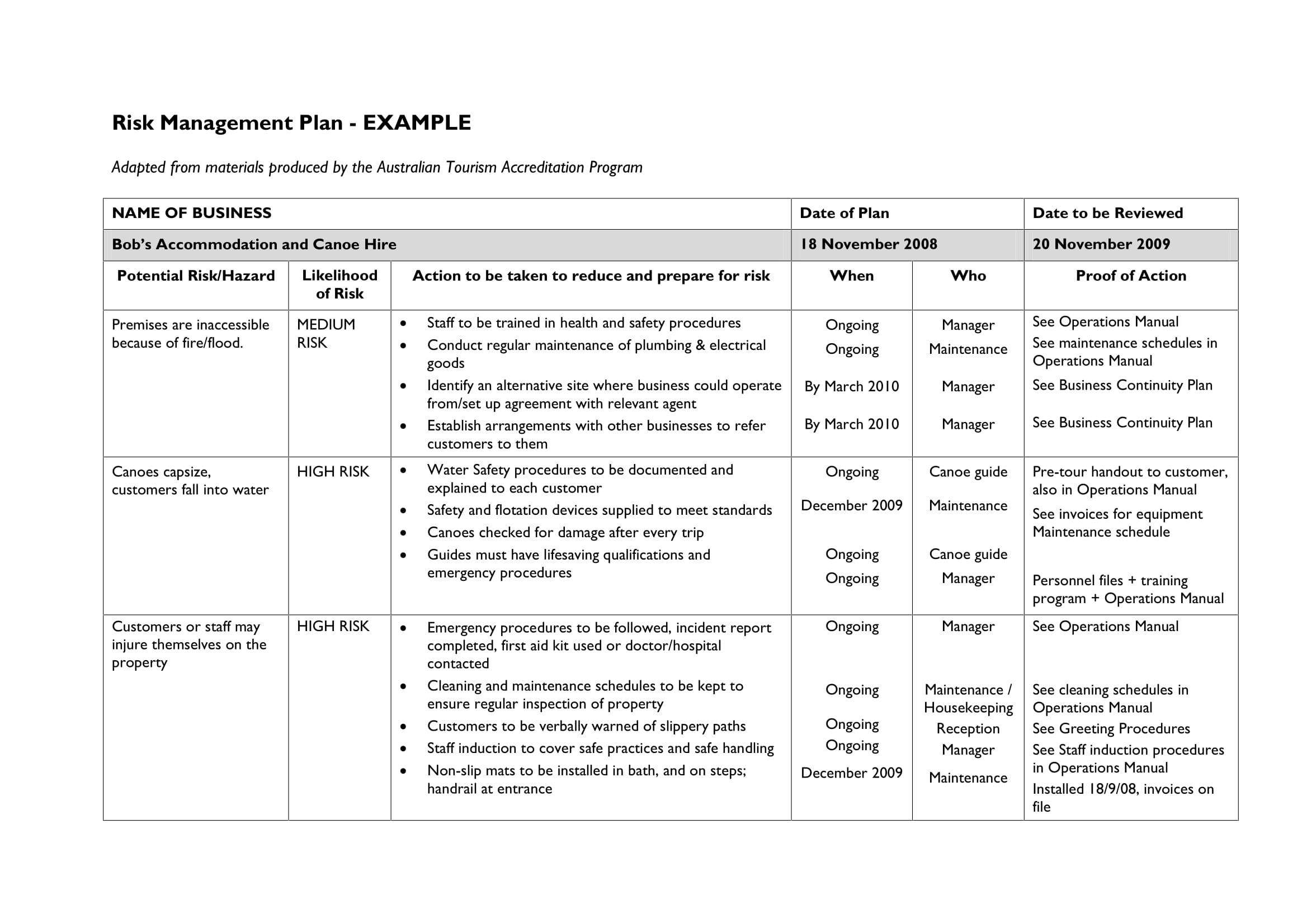 critical risks business plan