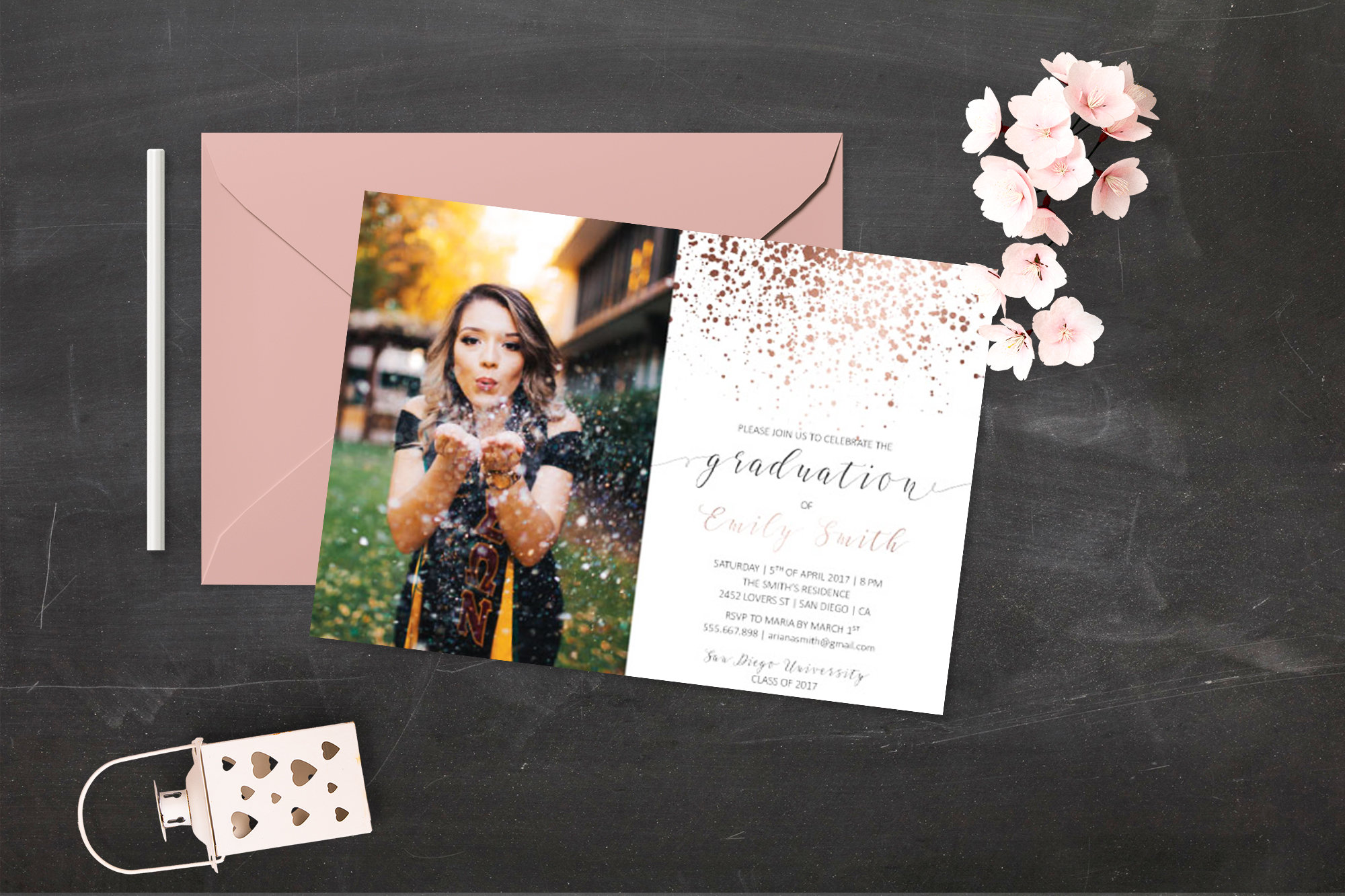 rose gold college graduation party invitation example